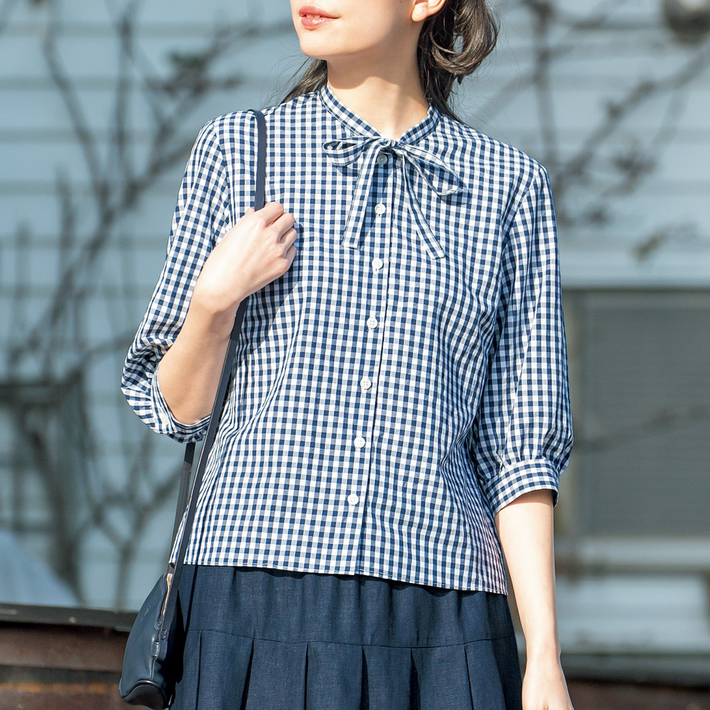 超長綿先染めタイプライターボウタイブラウス