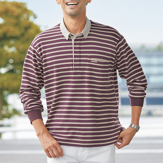 ウール混ボーダー長袖ラガーシャツ