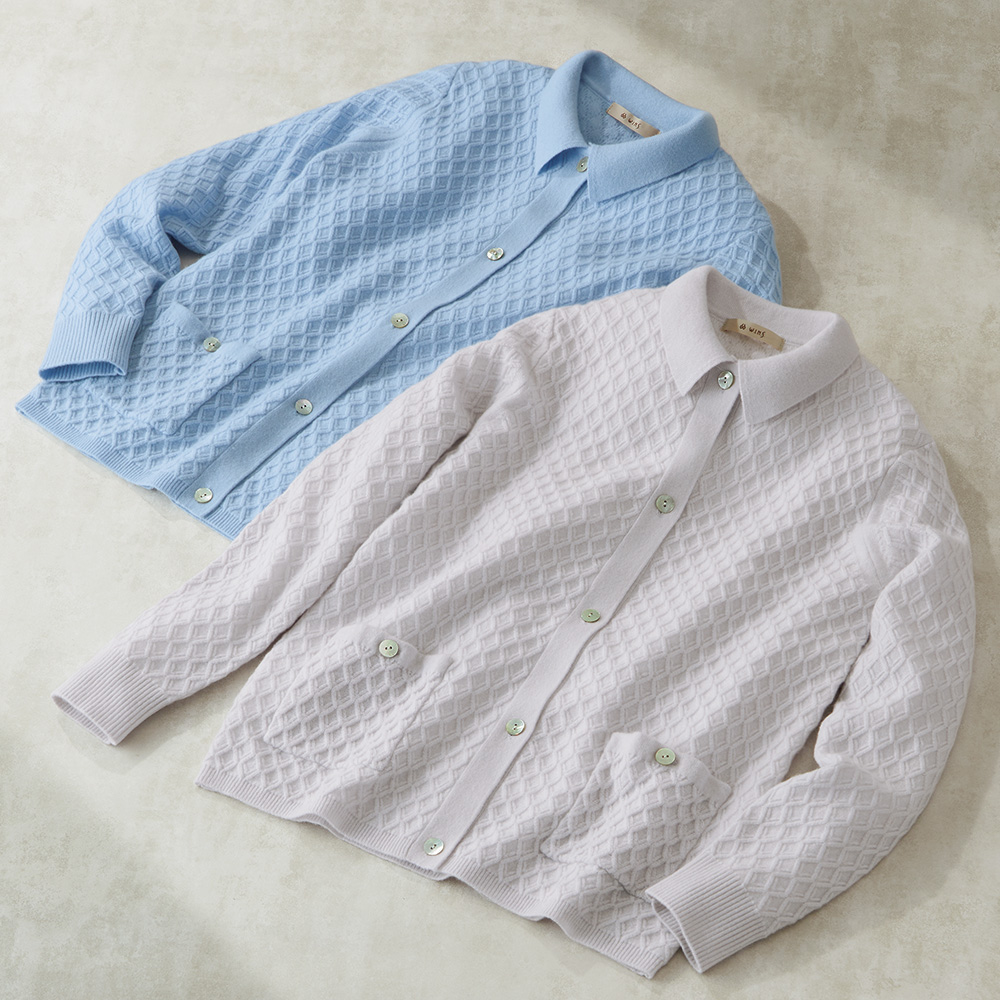 洗えるカシミヤ･柄編みポロ襟カーディガン