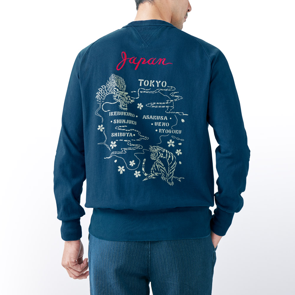 インディゴ染め抜染プリント・長袖スカTシャツ