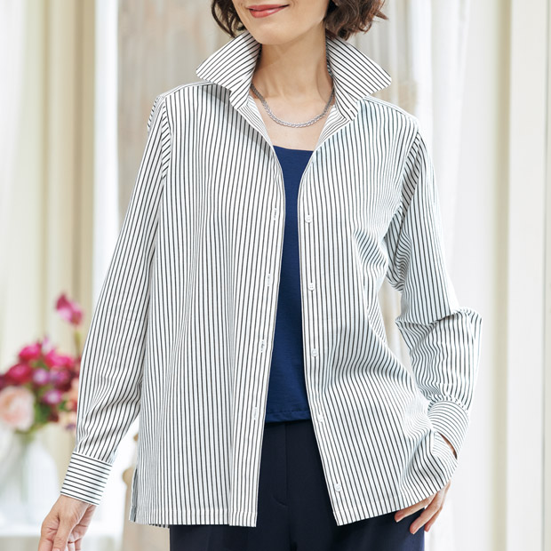 ラウンドカラーのカシミヤ混シャツ