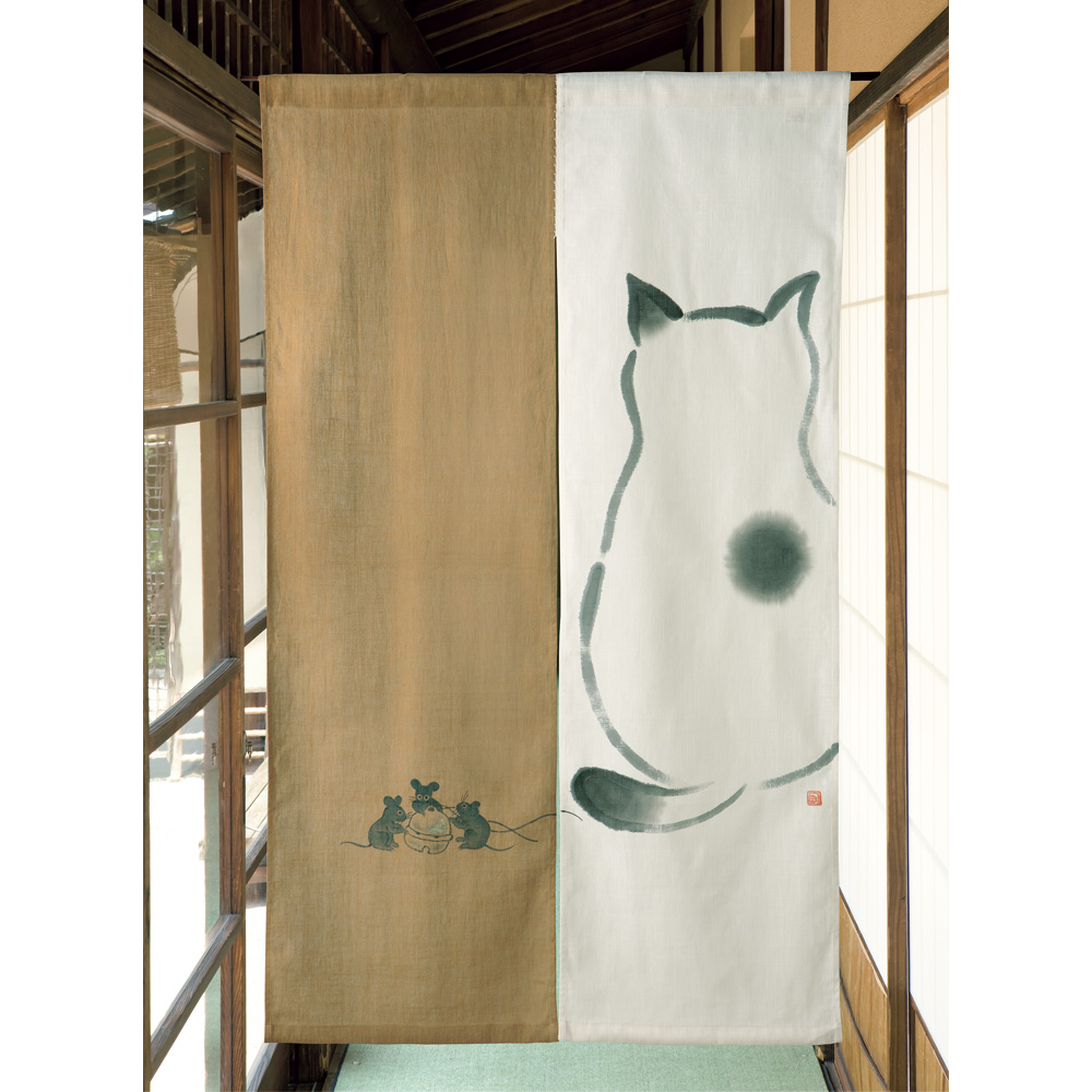 柿渋染/手描きのれん「三人寄れば文殊の知恵」