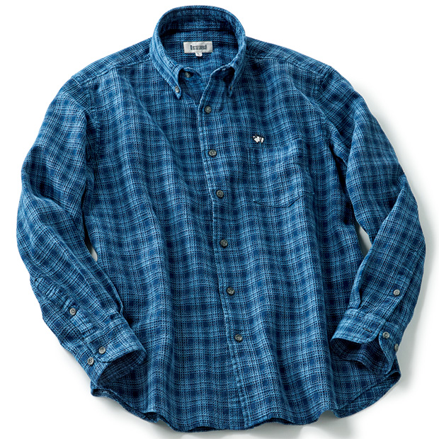 インディゴワッフル織りのブリーチドシャツ