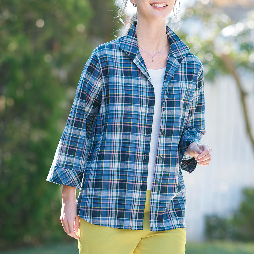 綿麻マドラスチェックブラウス