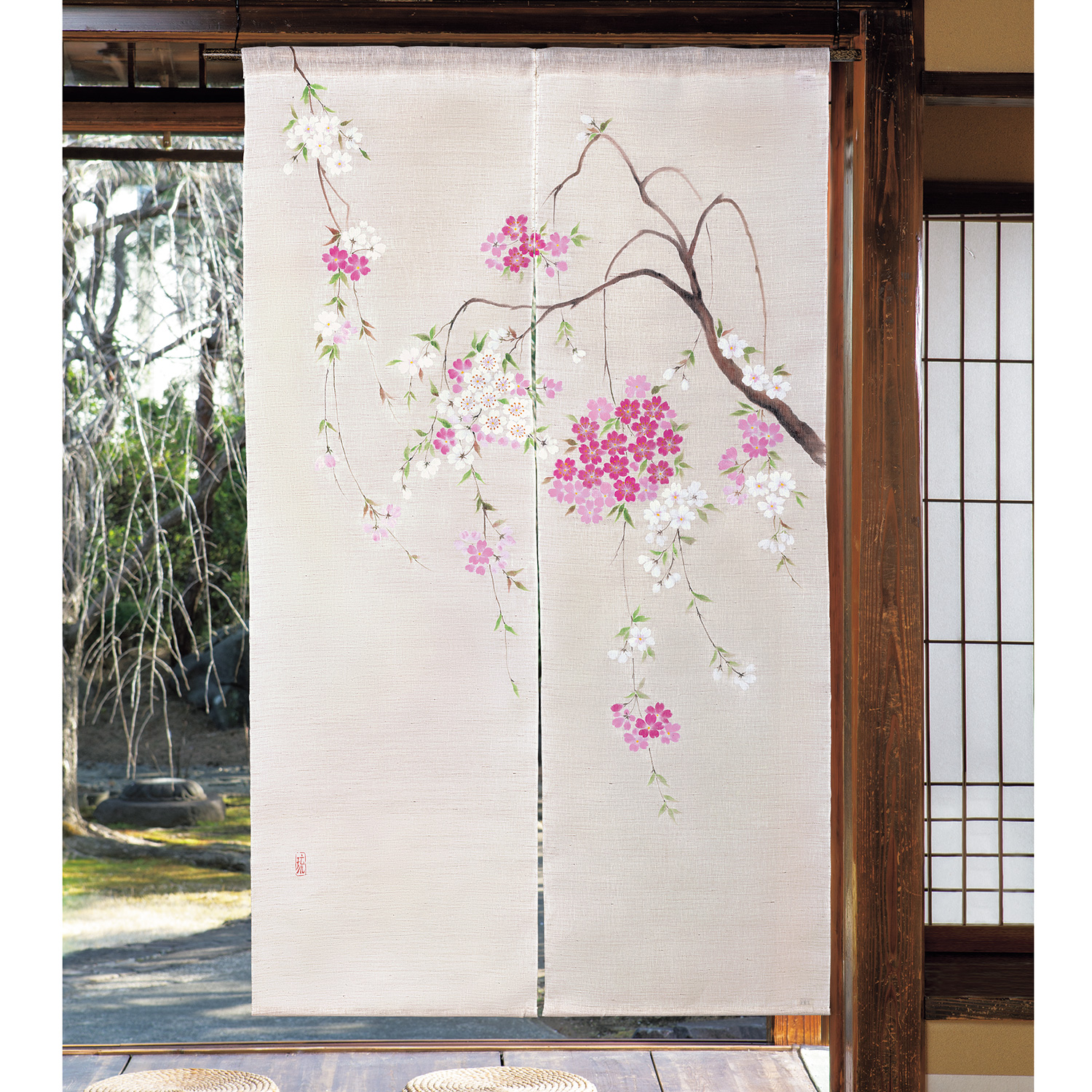 手描き麻のれん「しだれ桜」