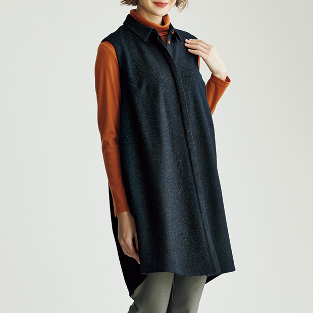 ウール混･襟付きロングベスト