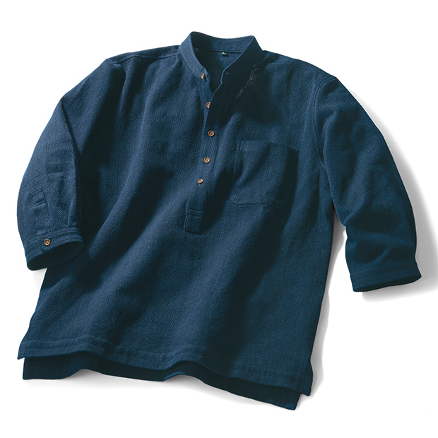 藍染まめ刺子織りのスタンドカラーシャツ