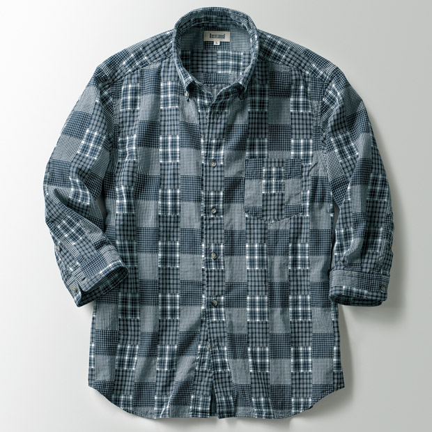 パッチワーク風二重織り七分袖B.D.シャツ