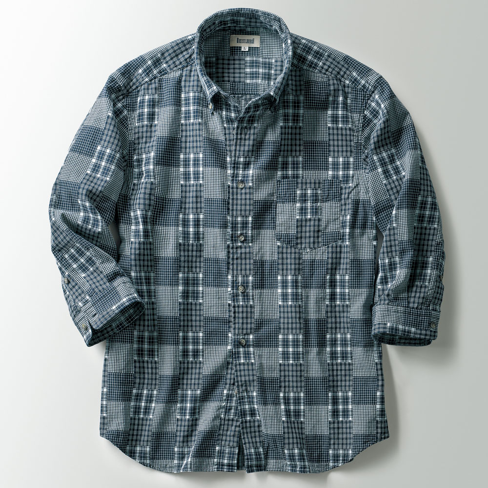 パッチワーク風二重織り七分袖B.D.シャツ