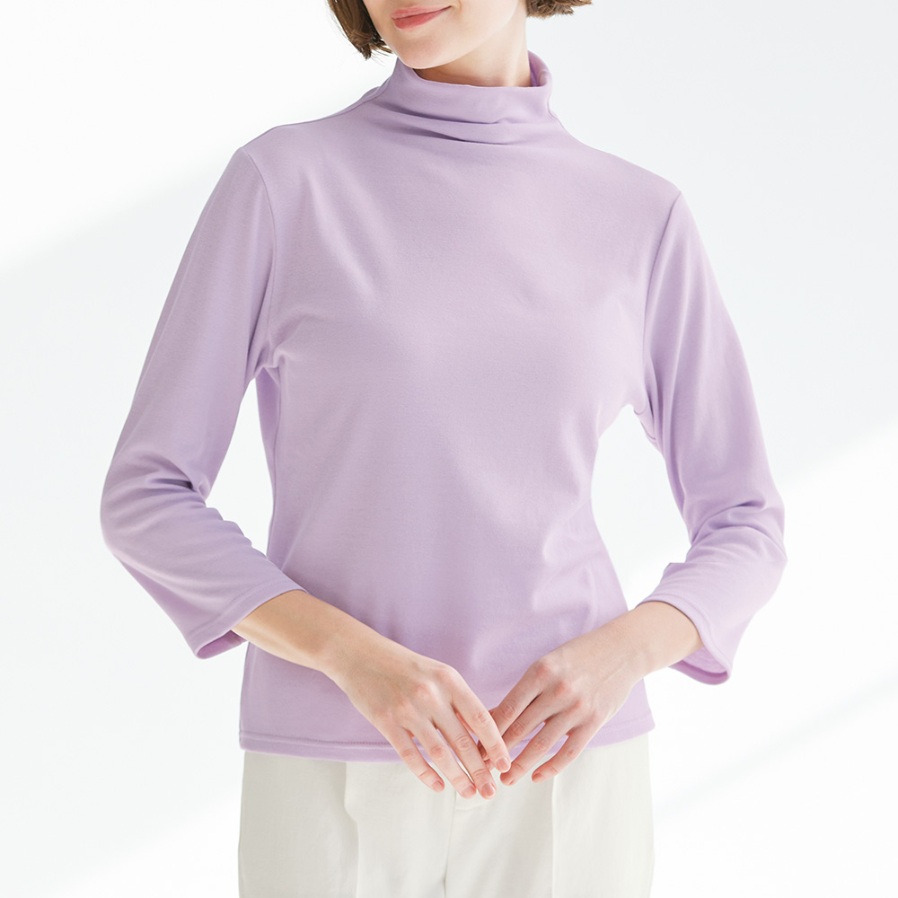 スーピマ綿八分袖ボトルネックプルオーバー