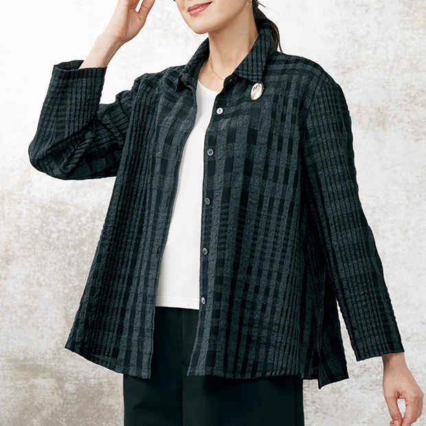 ウール混･格子柄のドビー織りブラウス