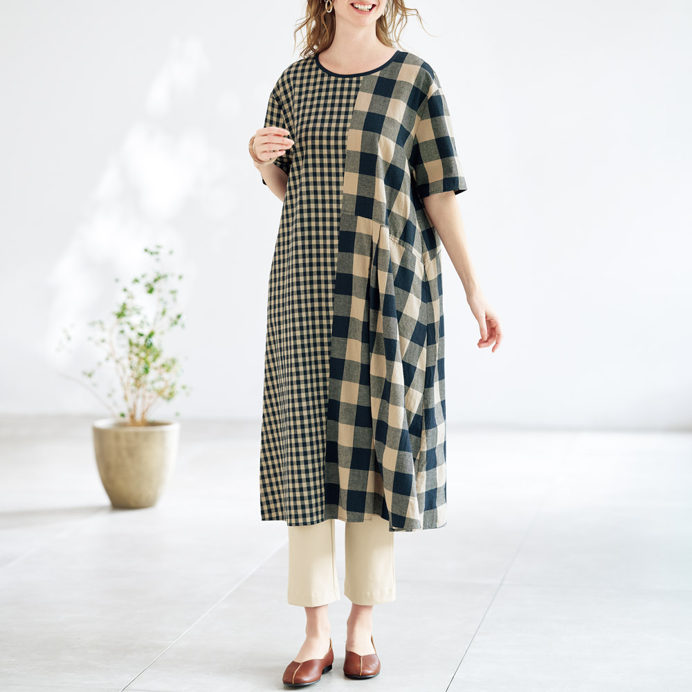 チェック切り替えワンピース