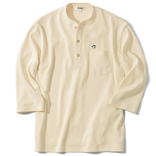 ミニワッフル七分袖ヘンリーネックTシャツ