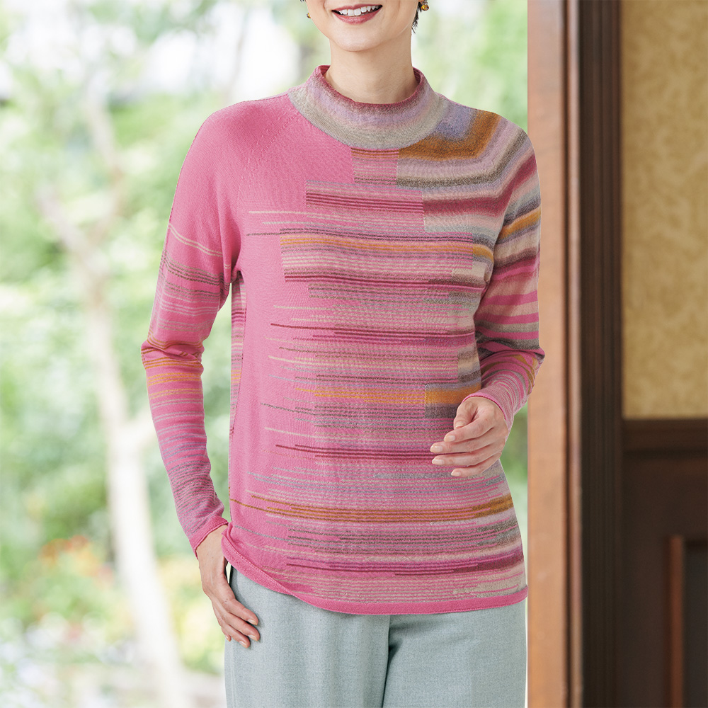 絣糸使いボーダー切り替えプルオーバー