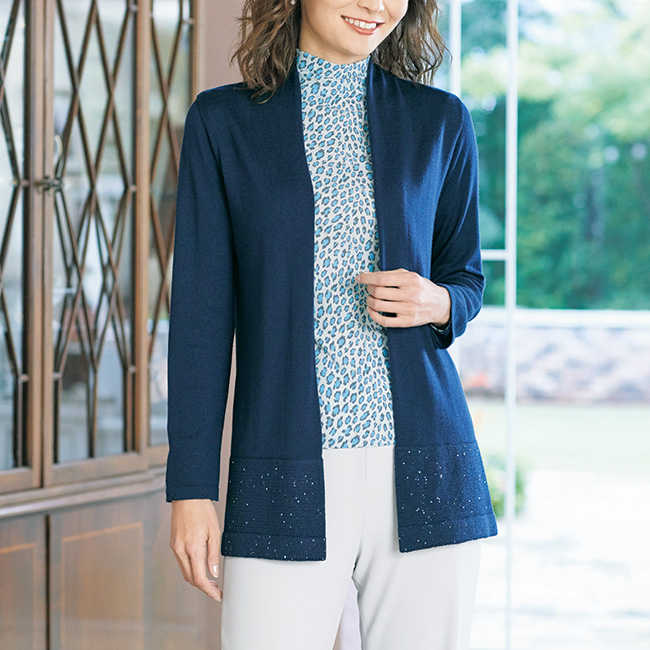 裾スパンコールウールカーディガン