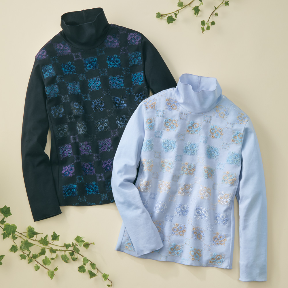 スクエア小花市松･ハイネックプルオーバー