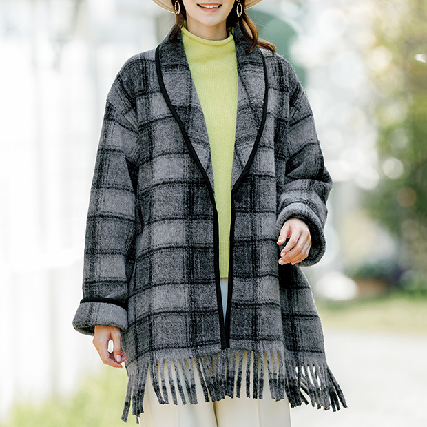 ウール混チェック柄フリンジコート