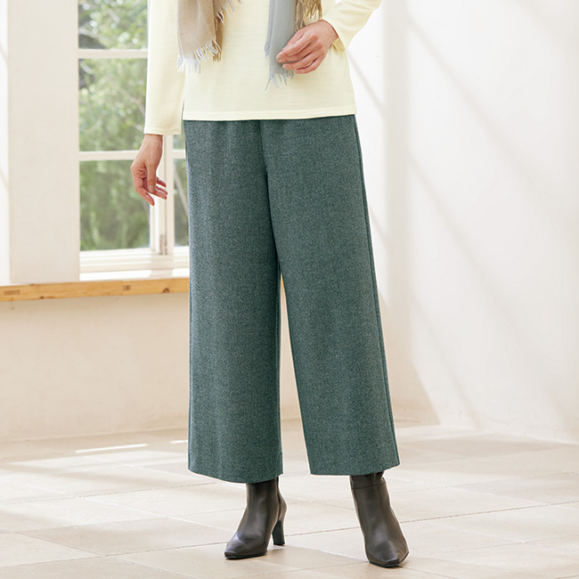 ウエストニットの尾州ウール混ツイードのワイドパンツ