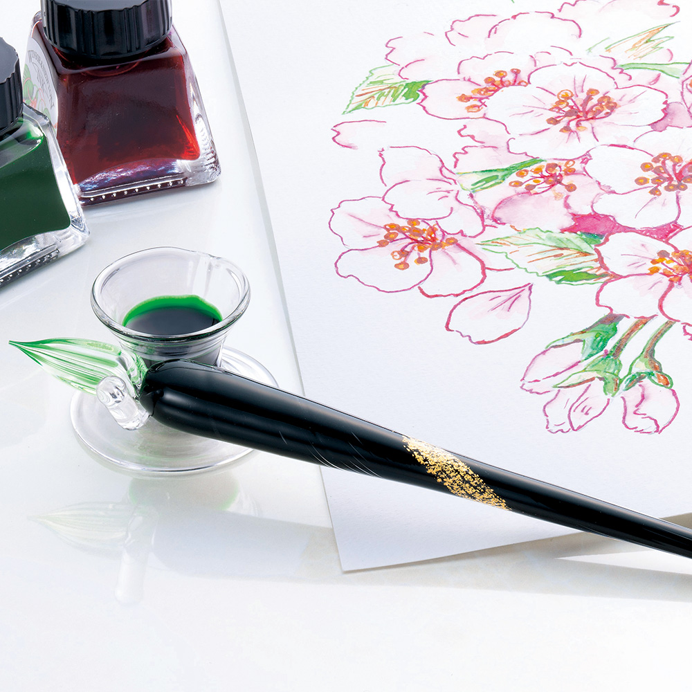 竹田海緒 手作り金箔使いガラスペン インクピッチャー兼用ペンレスト付 ライトアップオンラインストア