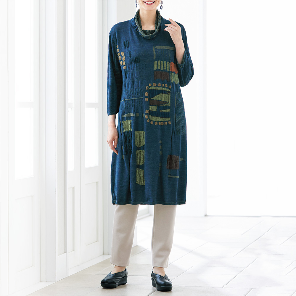 パッチワーク風ニットワンピース