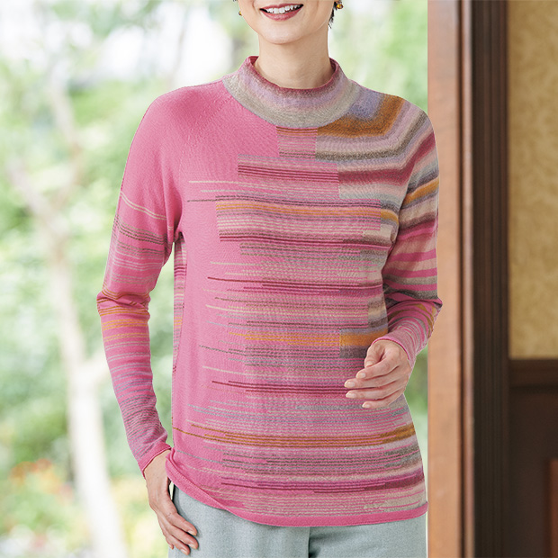 絣糸使いボーダー切り替えプルオーバー