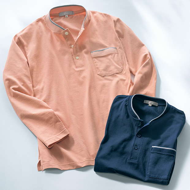 長袖コットンヘンリーネックシャツ／2色セット