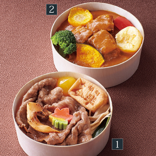 1.季節の御膳:秋のすき焼御膳、2.肉御膳:彩り野菜のカレー御膳