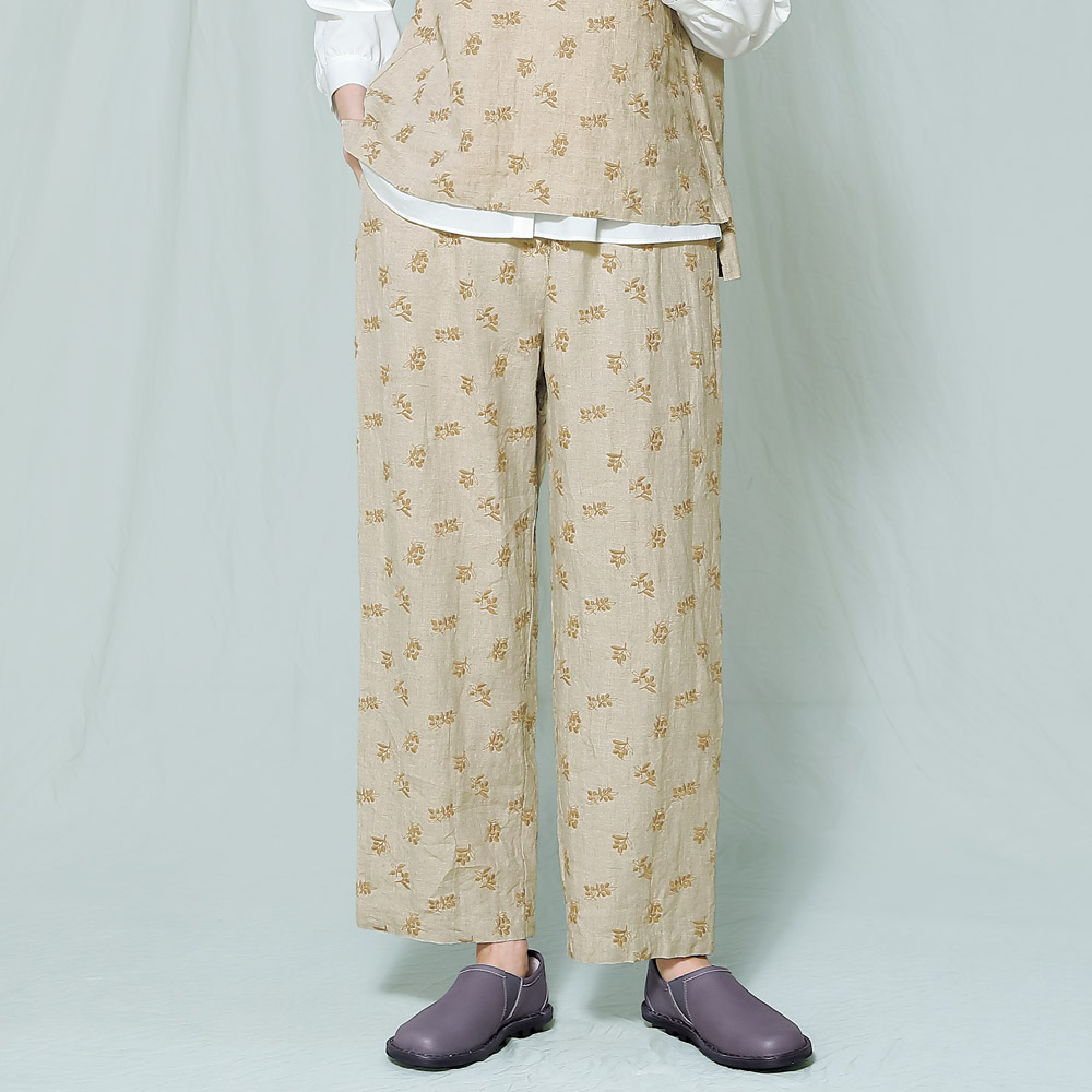 オリーブ刺しゅうリネンイージーパンツ