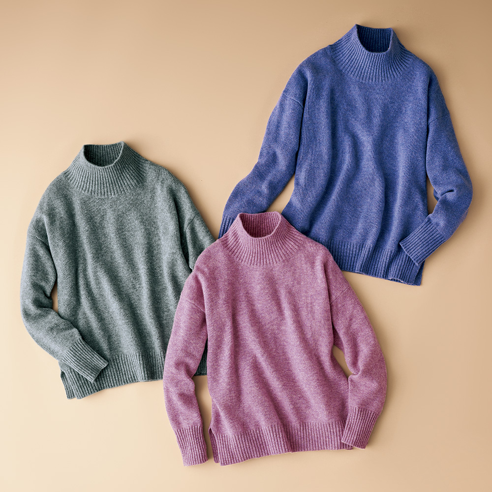 洗えるカシミヤスタンドカラープルオーバー