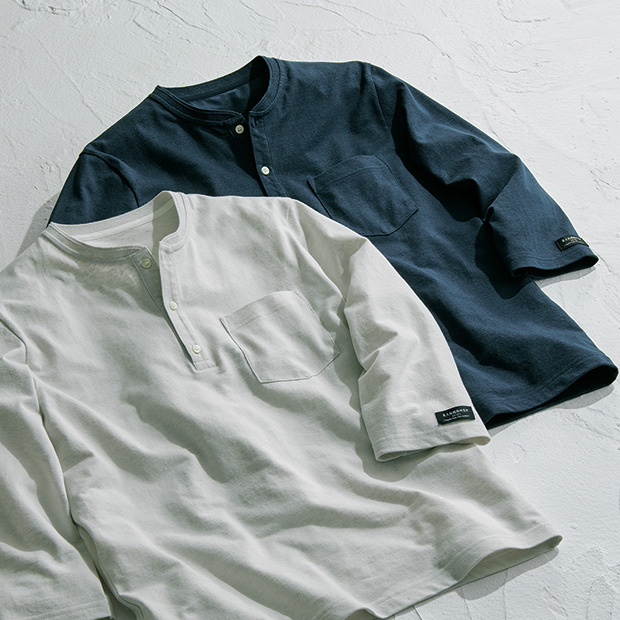 ゼロトルク撚糸･リネンコットンヘンリーネックTシャツ