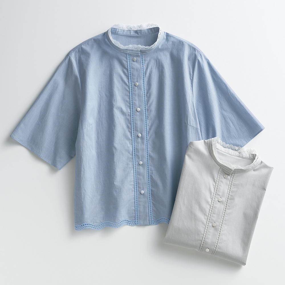 レース襟ストライプブラウス