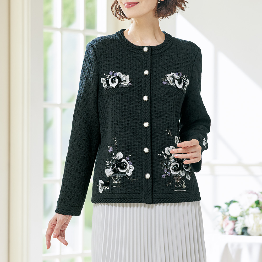 手刺しゅう入りノーカラージャケット／花かご