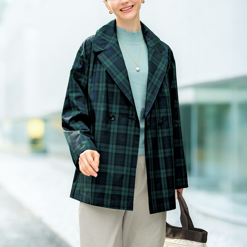 先染めチェックショートコート