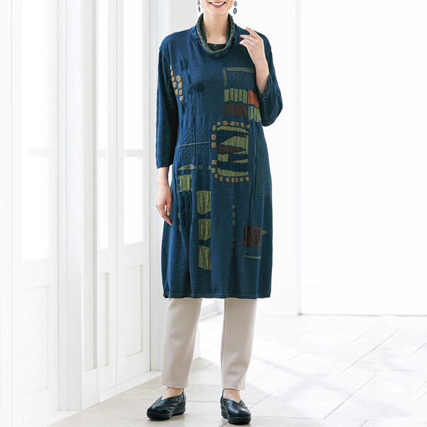 パッチワーク風ニットワンピース