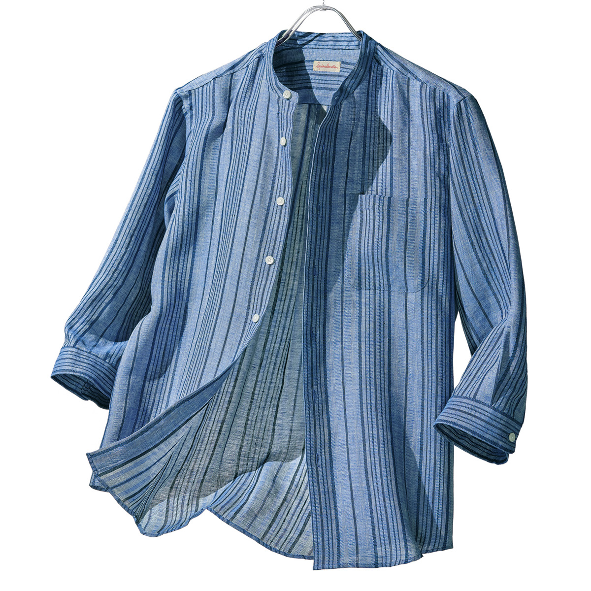 近江織麻のバンドカラー七分袖シャツ
