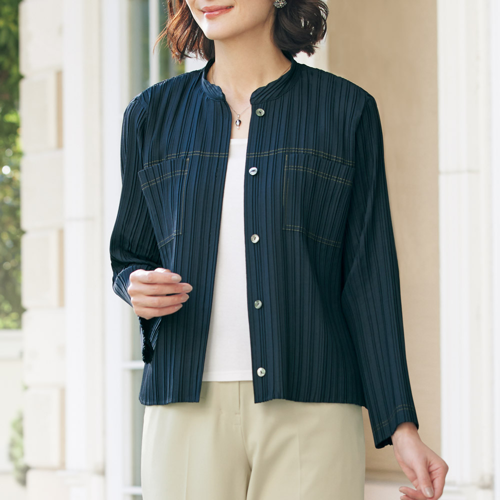 ミックスプリーツ･デニムジャケット風ブラウス