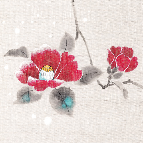 手描き麻のれん「雪中椿」