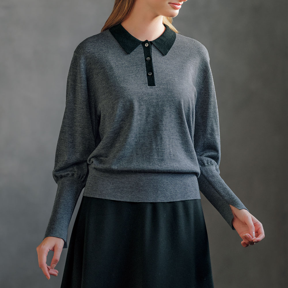 配色使いウールニットポロシャツ
