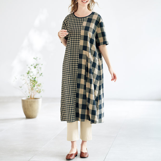 チェック切り替えワンピース