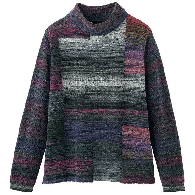 絣糸使いパッチワーク風ハイネックセーター