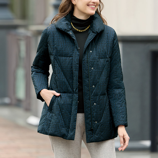 千鳥柄風プリントダウンコート