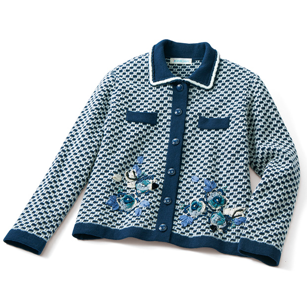 バラ柄手刺しゅう入りニットジャケット