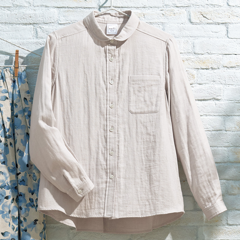 コットンガーゼオリーブオイル仕上げラウンドカラーシャツ