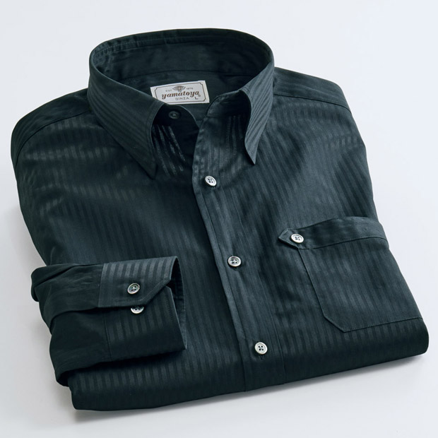 舶来サテンストライプ生地で仕立てたスナップB.D.シャツ