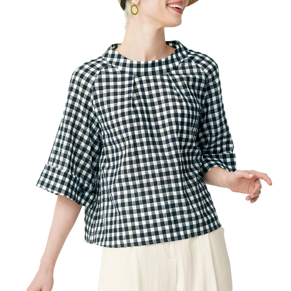 ギンガムチェックモックネックブラウス