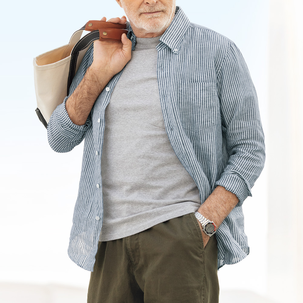 インディゴリネンストライプB.D.シャツ