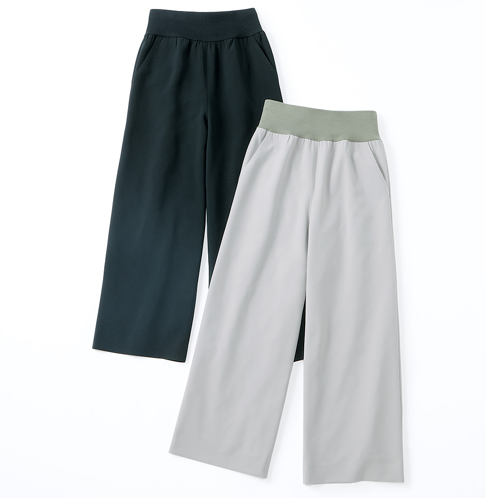 ウエストニットの二重織りワイドパンツ