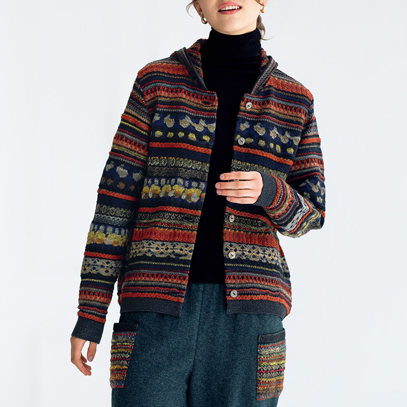 ジャカードフード付きカーディガン