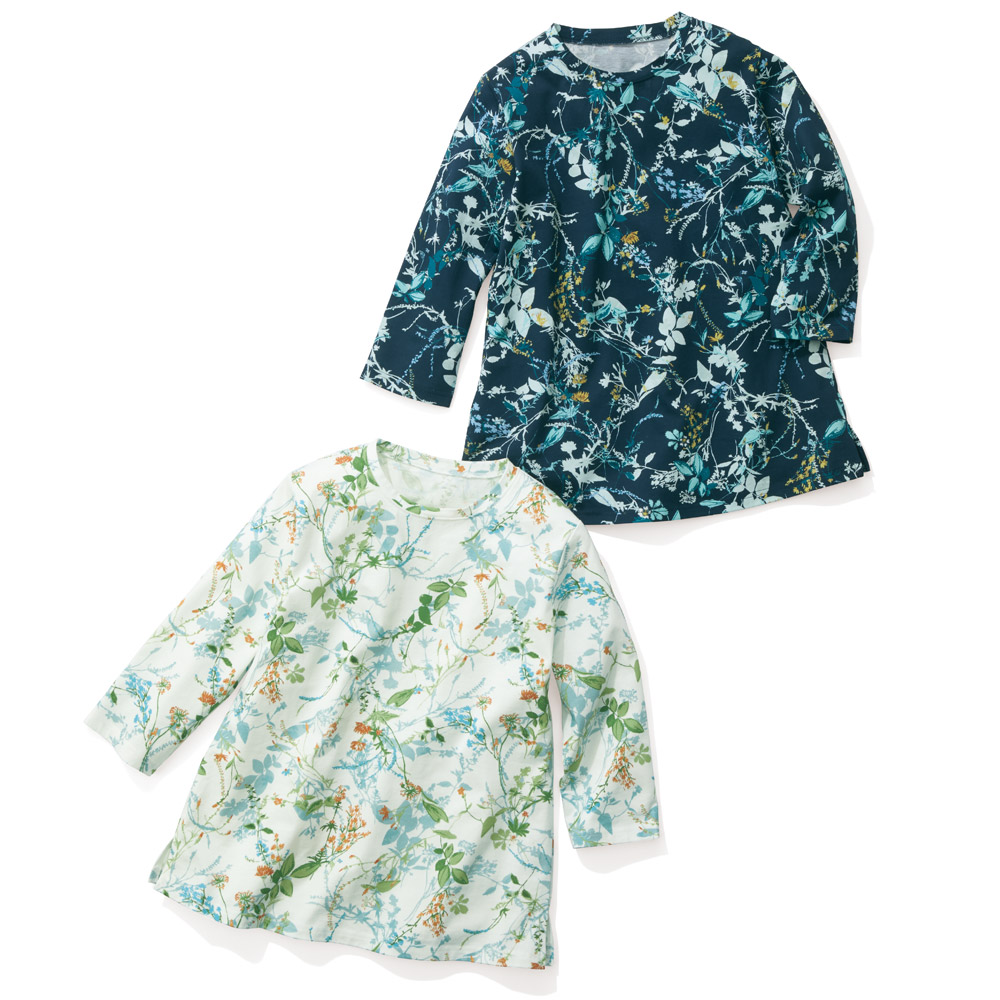 花柄クルーネック七分袖プルオーバー／2色セット