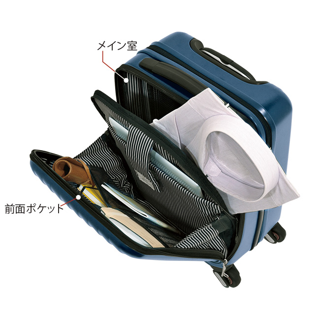 走行音が静かな4輪前開きキャリーケース／ストッパー付き34L